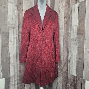 Bisou Bisou Michelle Bohbot Red Black Embroidery Longline Brocade Coat Jacket 12